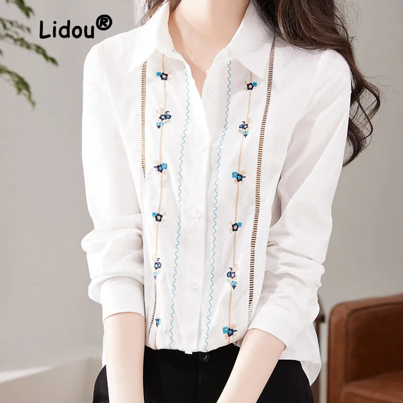 

Classic Cotton White Printing Embroidery Single-breasted Blouse Women Loose Polo Collar Casual Office All-match Chiffon Shirt