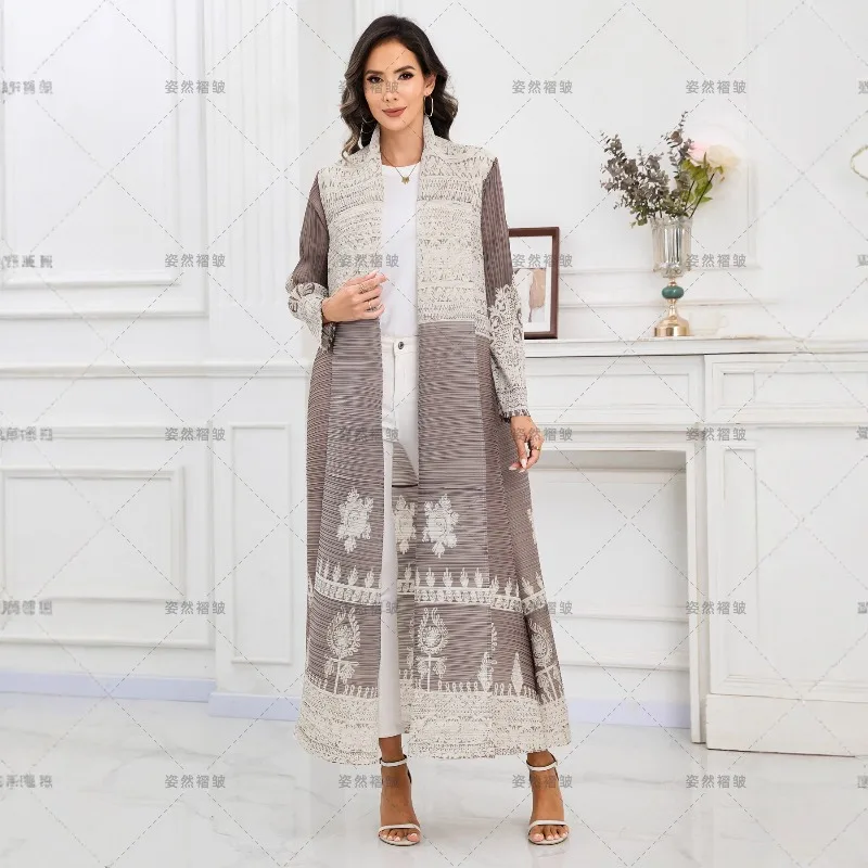 아바야 미야케 플리츠 롱 트렌치 코트 2025 가을 신상품 사우디아라비아 패션 플리츠 프린트 가디건 재킷 여성 의류