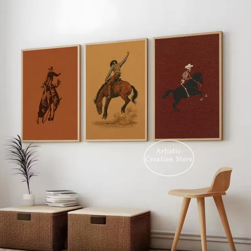Vintage Boho Western Cowboy Riding Horse Bucking Bronco Retro Poster Canvas Painting Wall Art Pictures Home Farmhouse Decor