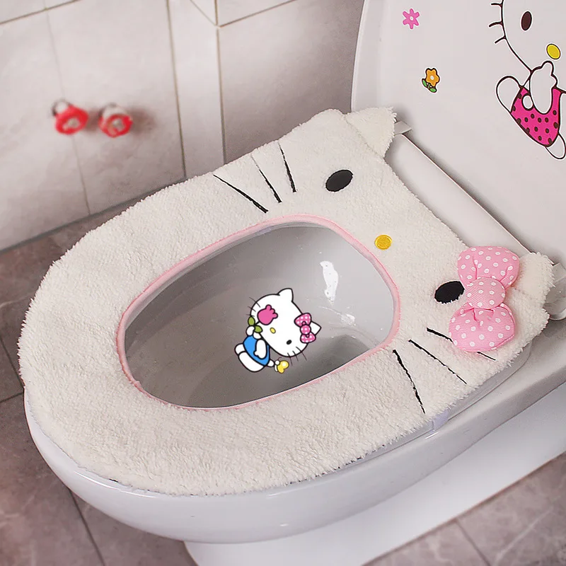 Winter Hallo Kitty Cartoon Sanlio Plüsch Warm Klebstoff Wc Kissen Abdeckung Sitz Wc Abdeckung Kawaii Boden Matte Rollen Papier Abdeckung