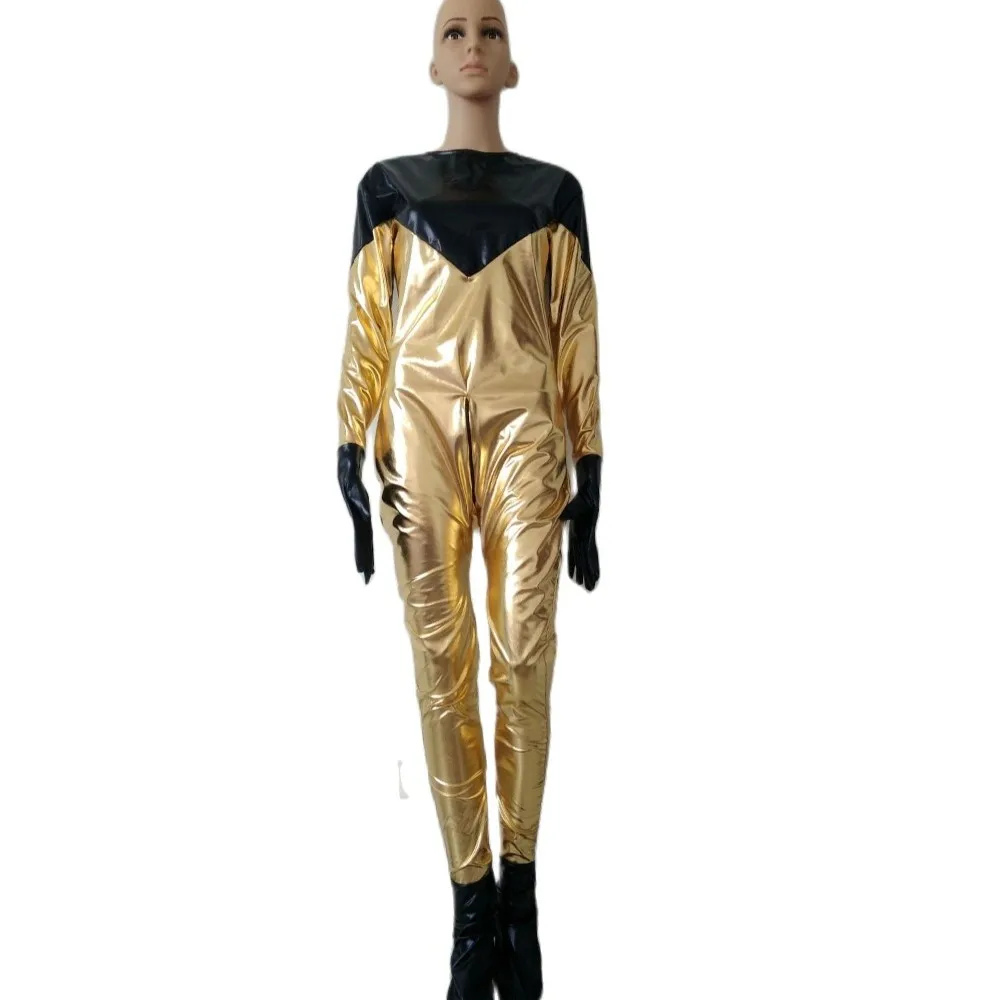 

Sexy black with gold color high Quality Metallic Zentai Catsuit Fashion Fun Costume back zipper