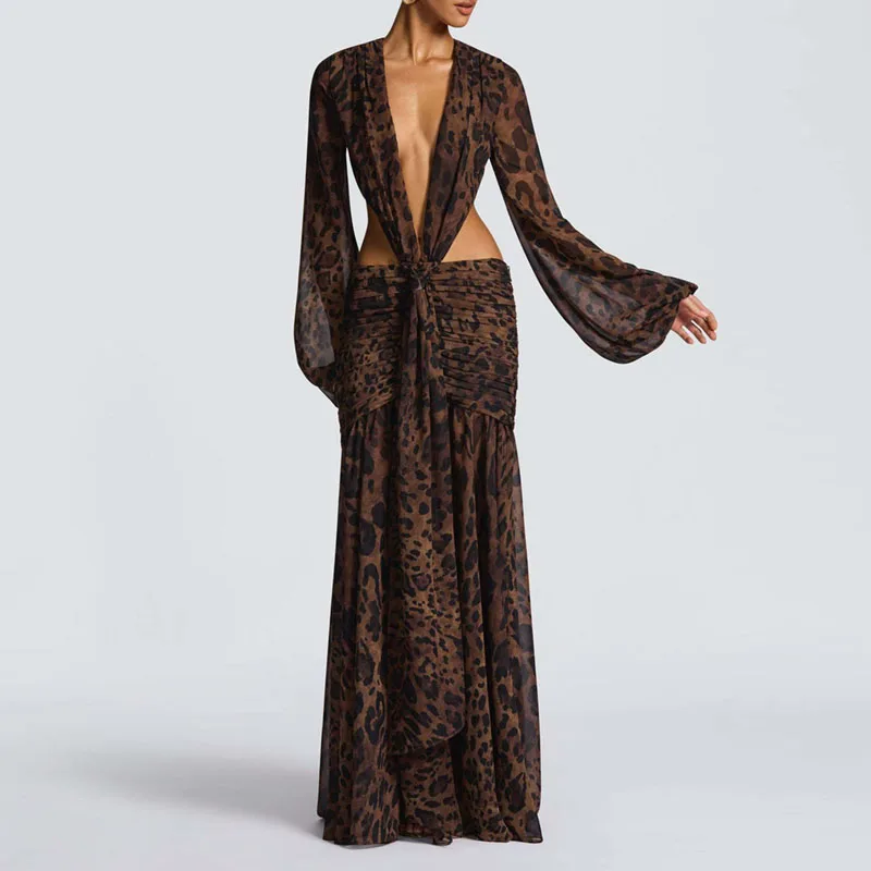 New Autumn Pleated Loose Backless Womans Dress Sexy Irregular Solid Deep V Neck Long Dress Elegant Long Sleeve Hollow Prom Dress