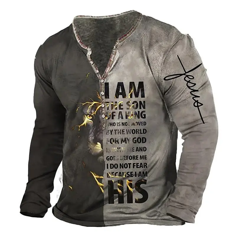 

Vintage Long Sleeve T Shirt For Men 3d Jesus Print V-neck Henley Shirt Retro Skull T-shirts Oversized Top Tee Shirt Men Clothing