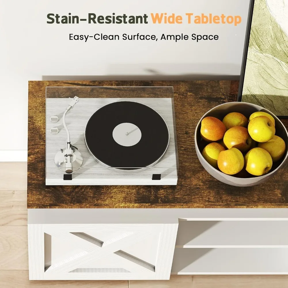 Farmhouse TV-Stand for 80" TVs - Modern Entertainment Center with Led Light and Power Outlet, TV Cabinet with Adjustable Shelf