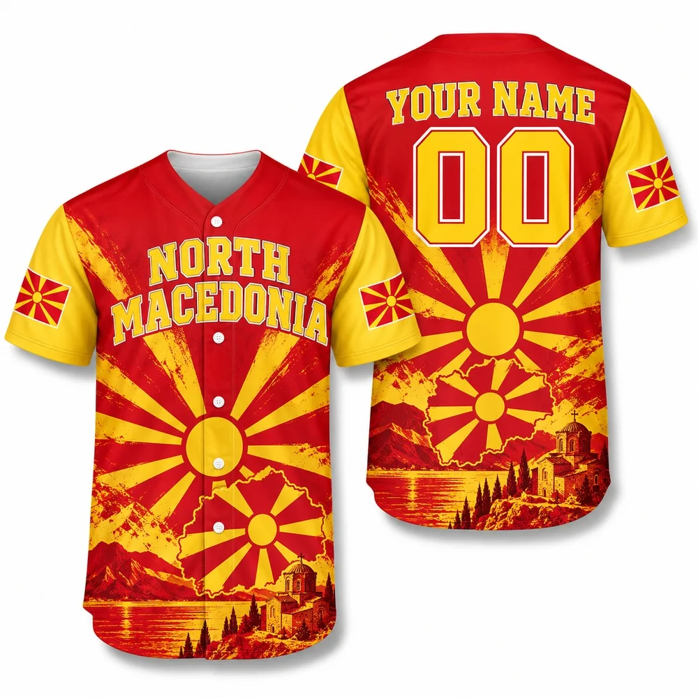 DIY North Macedonia Sun Baseball Jersey Lake and Folk Prints Jerseys Shirt with Full Print Landmark Athletic Red Gold Shirts