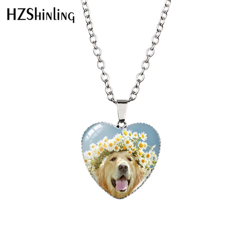 2022 New Cute Animal Flower Pendant Necklace Cat Dog Bird Painting Glass Dome Handmade Jewelry Heart Pendants Gift Women