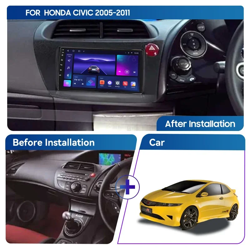 QSZN For Honda Civic 2005-2011 RHD 2 din Android 12.0 Car Radio Multimedia Video Player GPS Navigation 4G Carplay Head unit