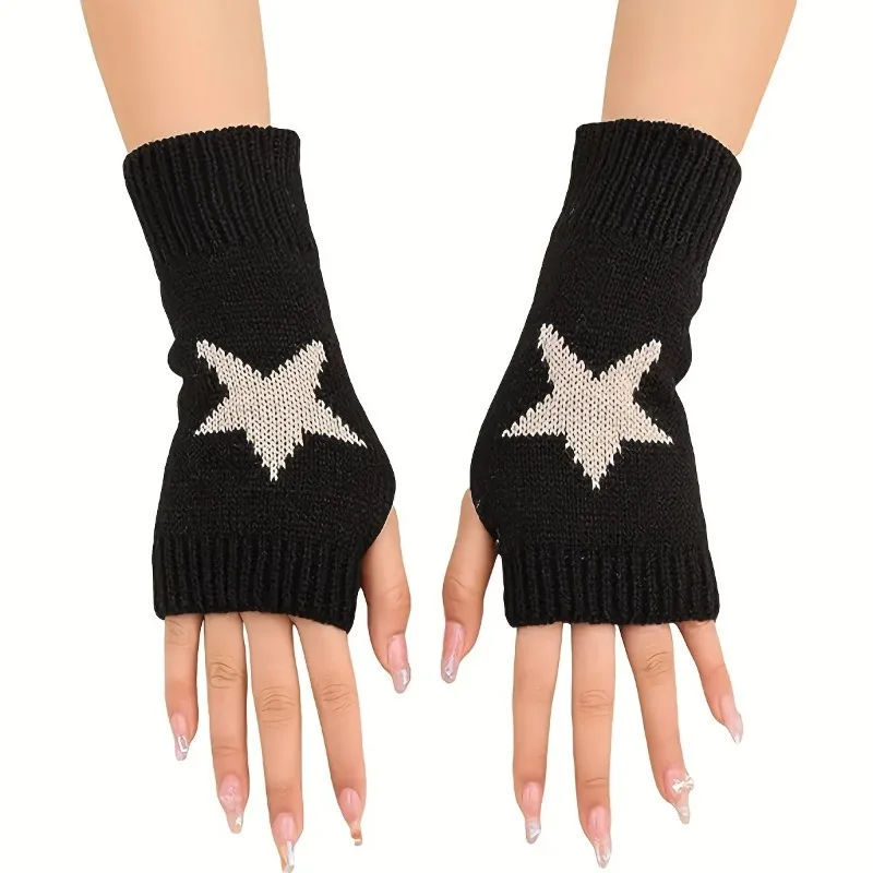 Unisex Cute Pentagram Black Fingerless Gloves Warm Knitting for Men And Women Winter Dew Writing Student Simple Design