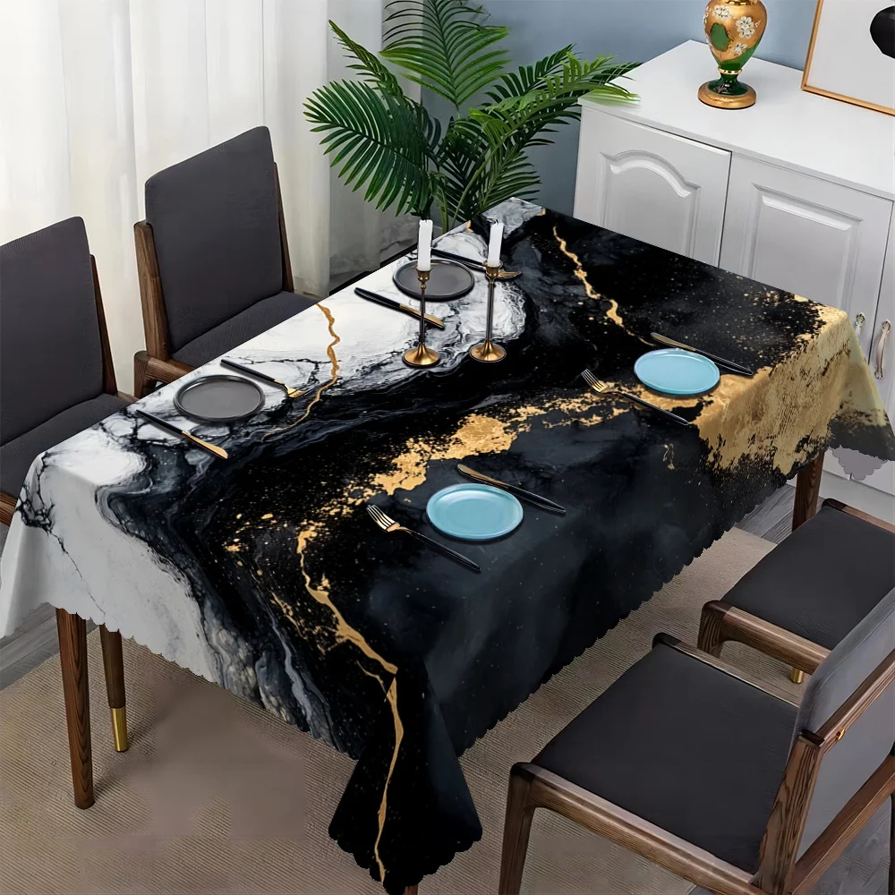 Black White Gold Marble Ink Wash Print Tablecloth Scalloped Edge Waterproof Rectangular Table Cover Modern Dining Cafe Home