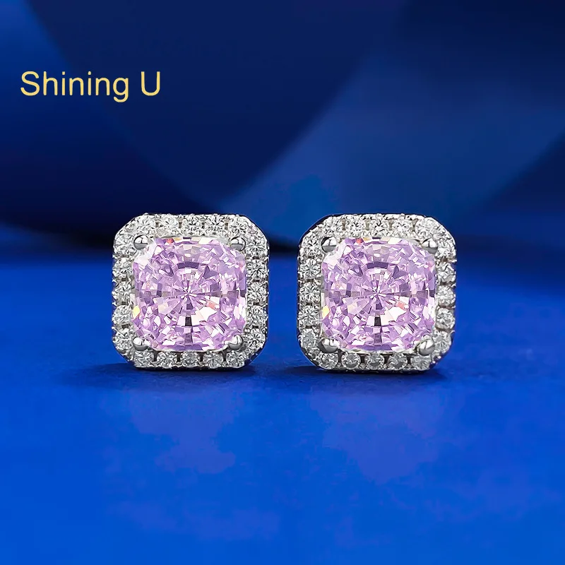 

Shining U S925 Silver 7*7mm Yellow Pink High Carbon Diamond Stud Earrings for Women Fine Jewelry Anniversary