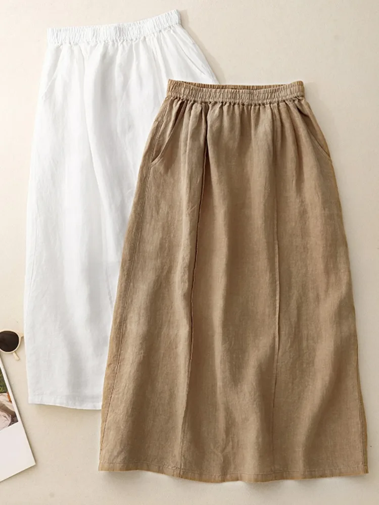 

High Waist Cotton Linen Skirt Women's Summer Elastic Waist Slimming Flower Bud Skirt Hip Covering A-Line Midi Umbrella Skirt