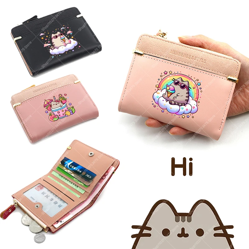Милый складной кошелек Pusheens для девочек, Женский кошелек для монет с мультяшным принтом, Детские модные кошельки из аниме, Детский кошелек, держатель для карт, подарок
