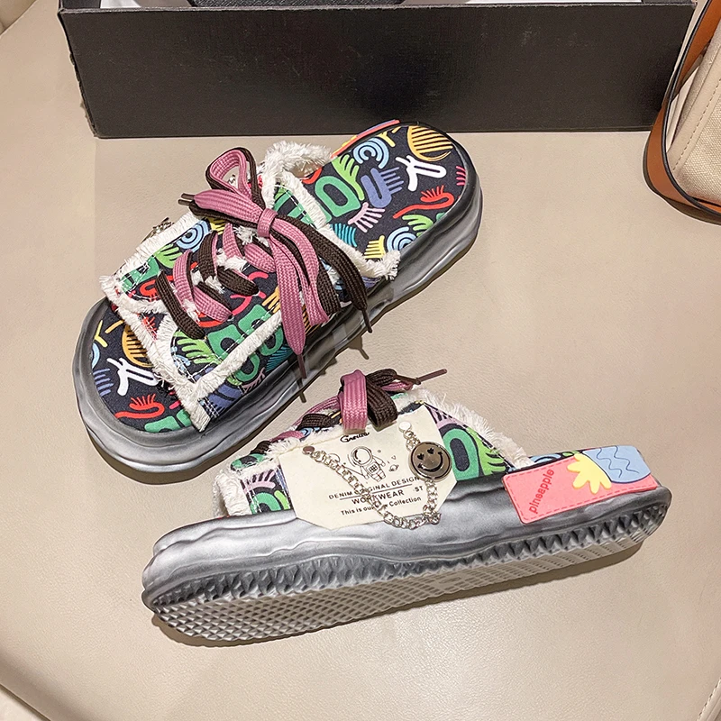 Platform Shoes Mules Flip Flops Street Sandals Clogs Flat Casual Shoes For Female Fashion Design Summer Women Graffiti Slippers
