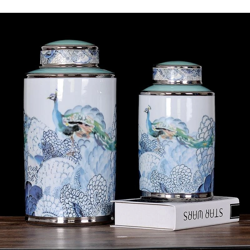 Peacock Painted Enamel Porcelain Storage Jars and Lids Dresser Table Ceramic Jewelry Jar Cosmetic Containers Modern Home Decor