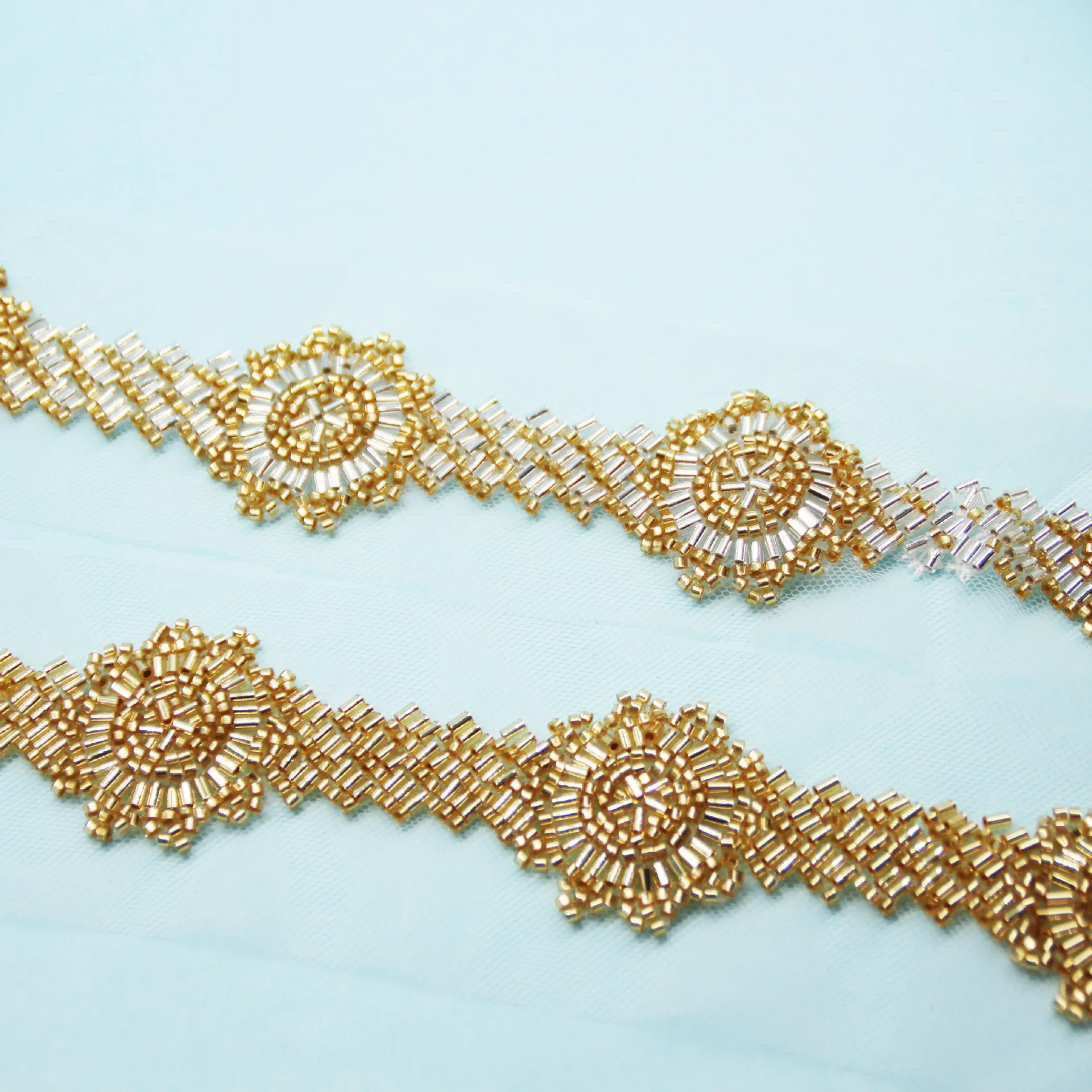 

High-end Gold Sunflower Glass Bead Beaded Embroidered Lace Nail Bead Lace DIY Tube Bead Ribbon Formal Dress Clothing Accessories