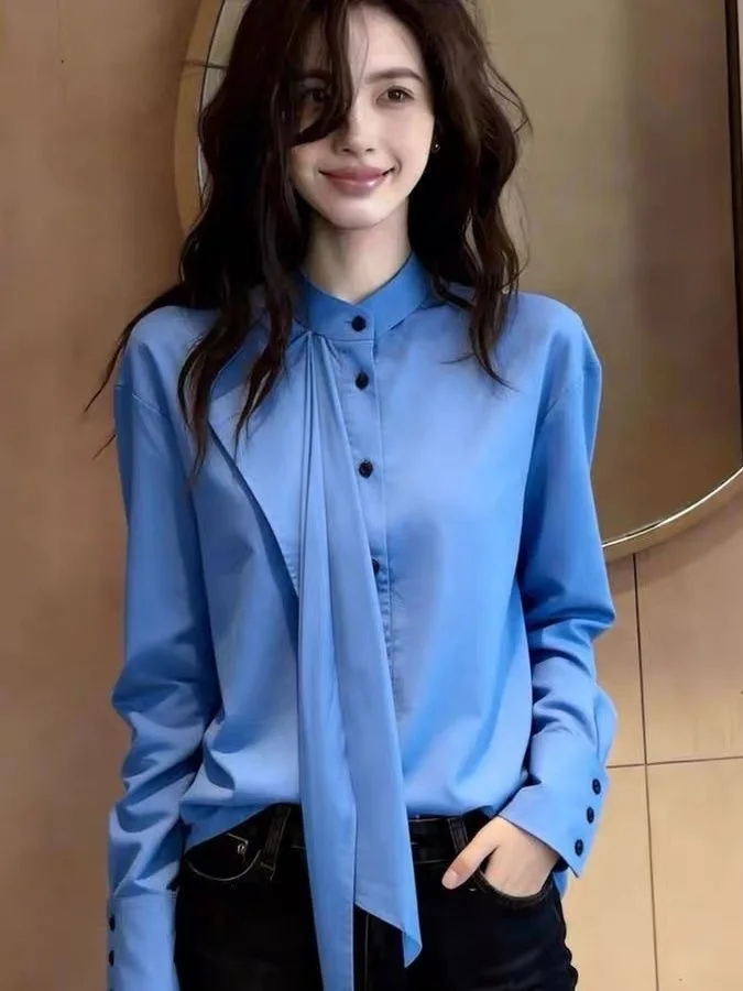 

Elegant Blue Women's Base Shirt Casual Style Commute Fashion Early Spring Trendy Breathable Polyester Long Sleeve Button up