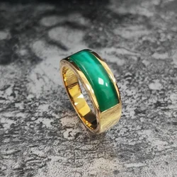 Vintage Men Bar Green Jade Stone Titanium Steel Ring Gold Color Wedding Engagement Rings for Women Lovers Birthday Gift