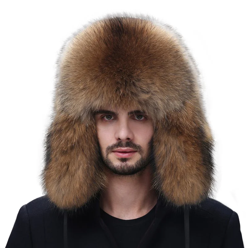 

Winter Men's 100% Real Silver Fox Aviator Bomber Hat Raccoon Fur Ushanka Cap Trapper Russian Man Sik Hats Caps Real Fur Hats