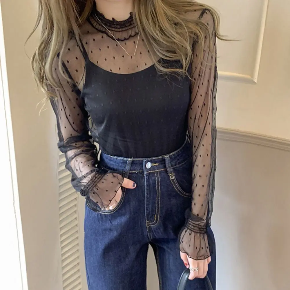 Half High Collar Lace Flower Top See Through Blouse Long Sleeved Mesh T-Shirts Streetwear Dot Transparent Pullover Top Girl