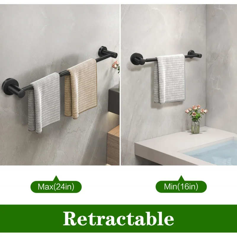 Bathroom Hardware Set, 24in Retractable Hand Towel Bar with, Towel Ring, 2pcs Multifunctional Robe Hooks (5