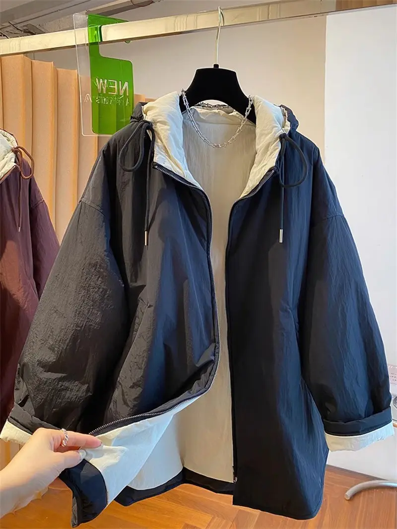 Large Edition Medium To Long Hooded Cotton Coat For Women In Winter Lightweight  Warmth Reversible  Jacket Casual Outerwear g078