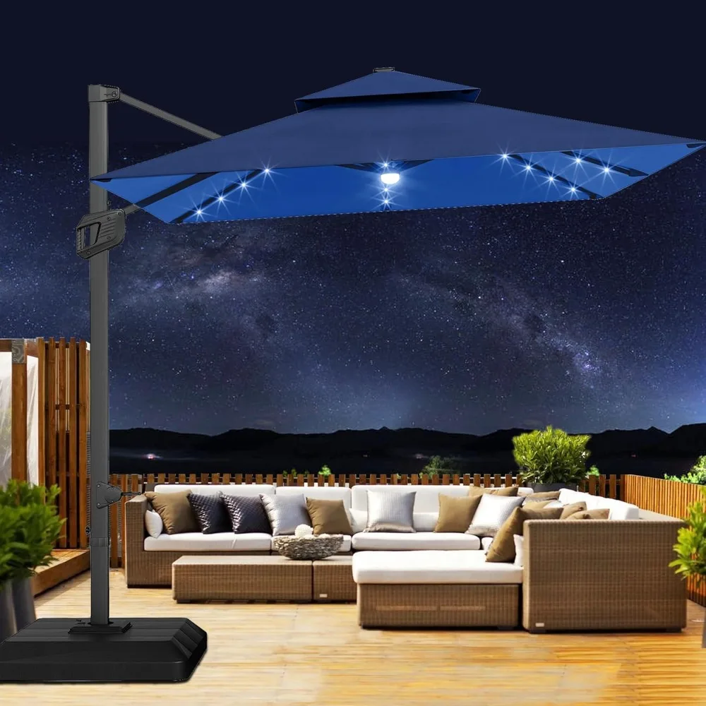 

10' x 10' 2-Tier Heavy Duty Cantilever Patio Umbrella, Aluminum,Outdoor sun umbrella with Solar LED Lights & Weighted Base