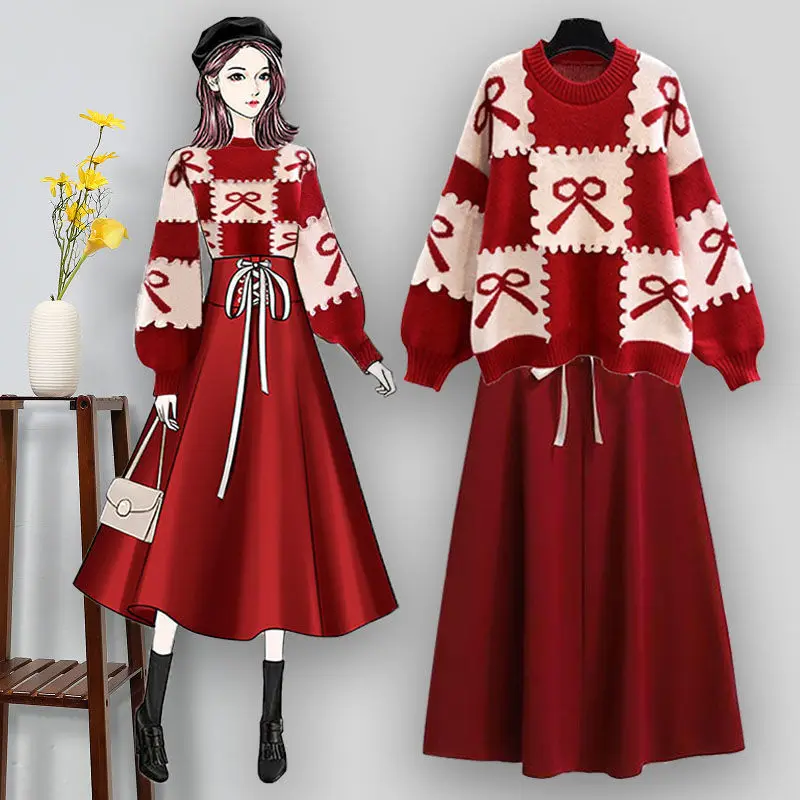 

Красный Cisas, новогодний комплект из двух предметов, женский осенне-зимний свитер Dr, повседневная одежда из полиэстера, одежда для взрослых