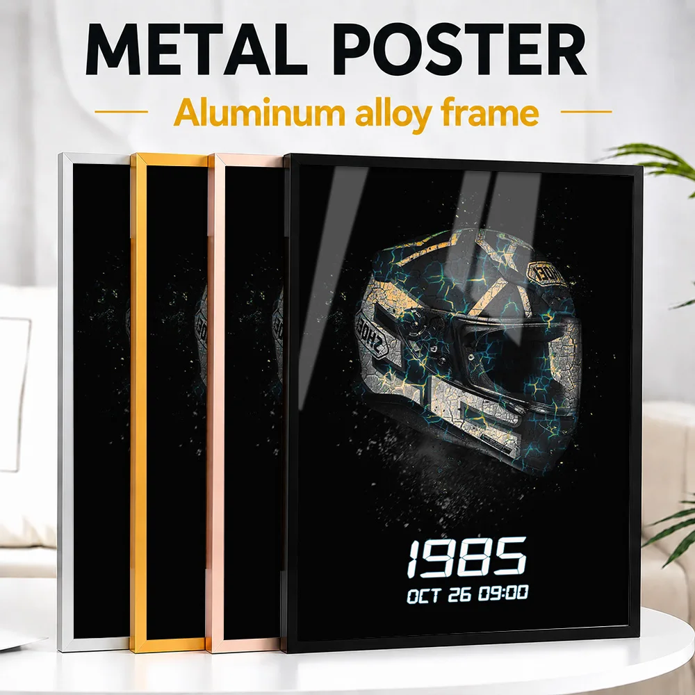 Racing Helmet Blue Particle Effect Metal Poster With Aluminum Alloy Frame Customized Grunge Style Wall Art For Sports Lounge