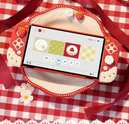 Imagen 2 del producto Protector de carcasa trasera dura de fresa para Nintendo Switch/controlador Oled Joy-Con, empuñadura de mano, botones ABXY, cubierta completa de silicona