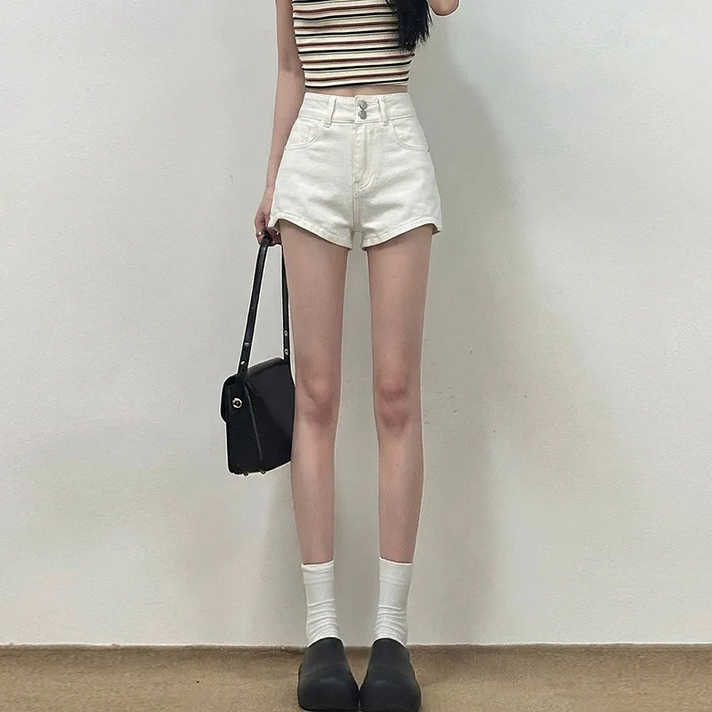 

High Waist White Denim Shorts Women's Casual Spring Summer Thin A-Line Slimming Cotton Elastic Waistband Hot Pants