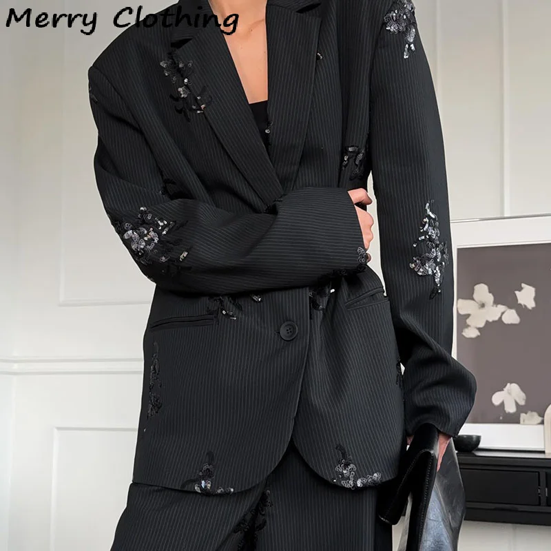 Black Sequin Embroidery Blazer 2-Piece Sets Women Chic Full Sleeve Lapel V-neck Loose Coats Wide Leg Pants Set Lady Spring Suits
