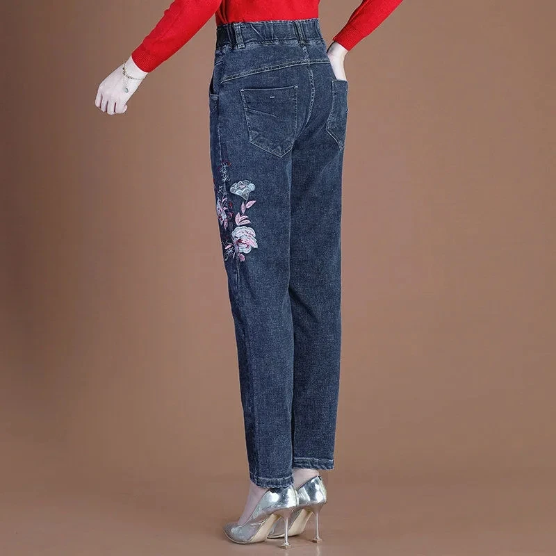 Large Size Women Embroidered Jeans New Spring Autumn Elastic High Waist Denim Pants Middle Aged Mother Straight Cowboy Trousers