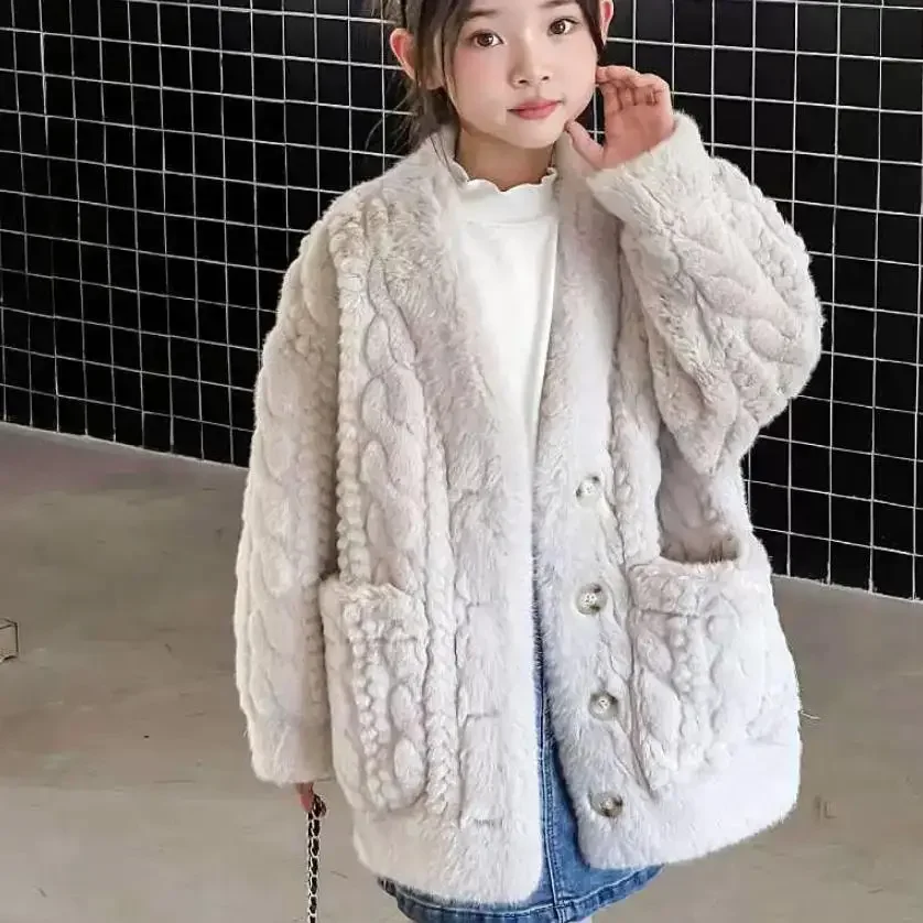 2024 Winter New Children's Faux Fur Coat Girls Imitation Lamb Mink Fur Warm Outerwear Fashion Jacket A4247