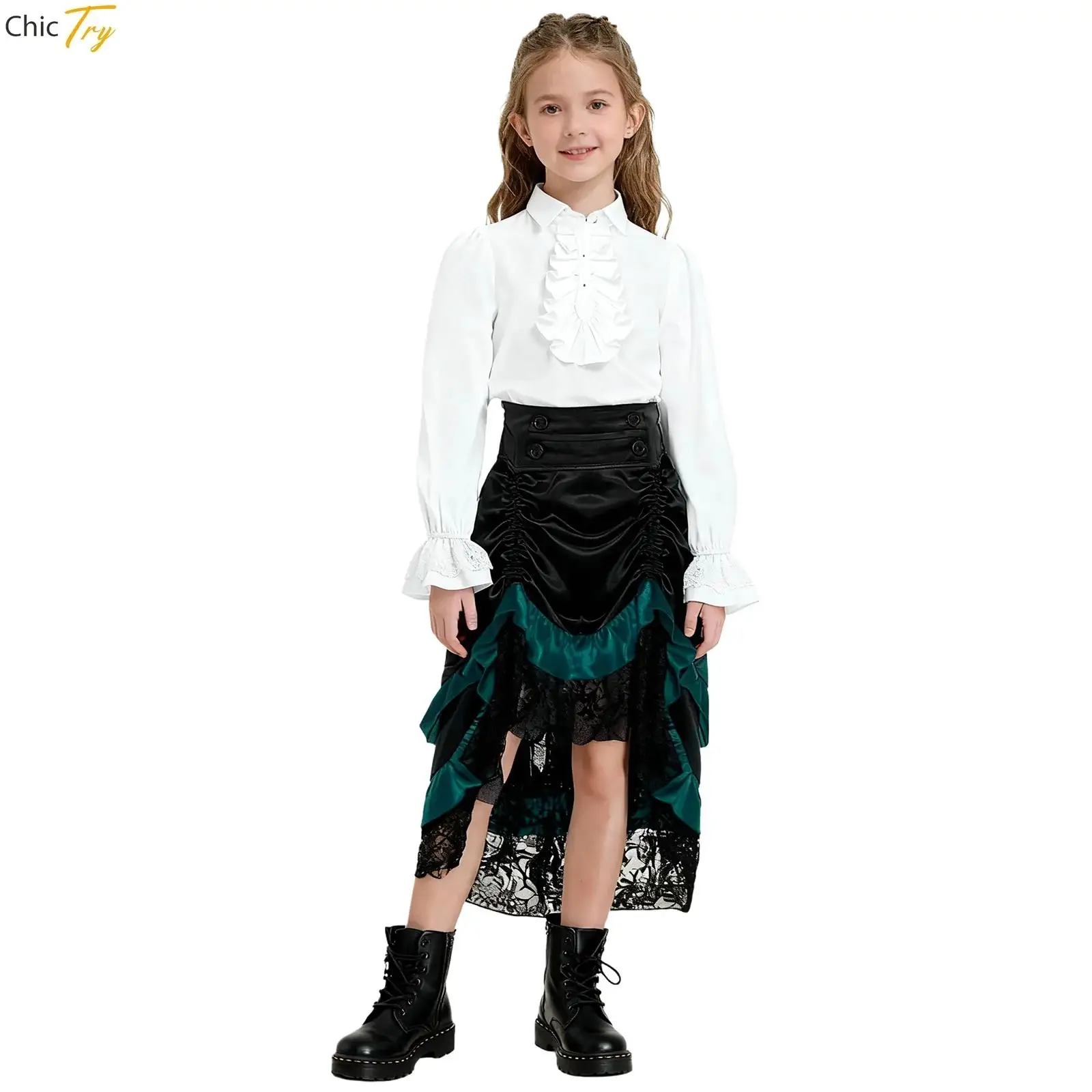 

Halloween Girl Medieval Costume Outfits Vintage Renaissance Royalty Princess Victorian Shirt with High Waist Tiered Ruffle Skirt