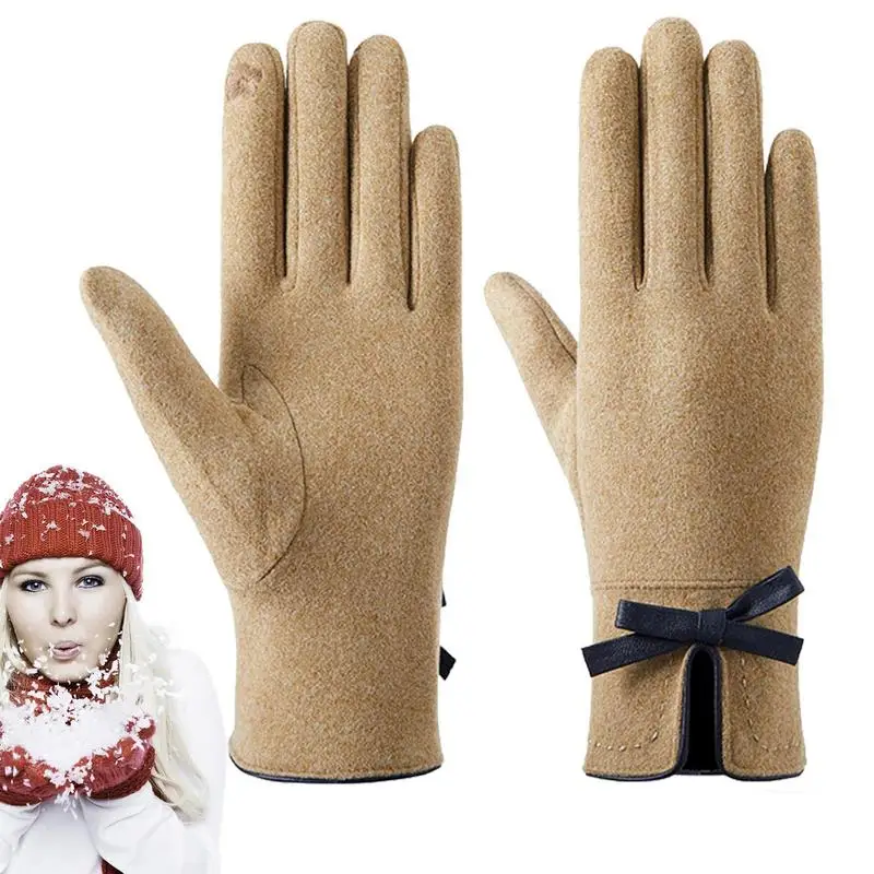 Soft Winter Gloves Womens Stretch Fleece Gloves Windproof Soft Warm Cozy Sports Winter Texting Gloves With Bow Cuff For Mens