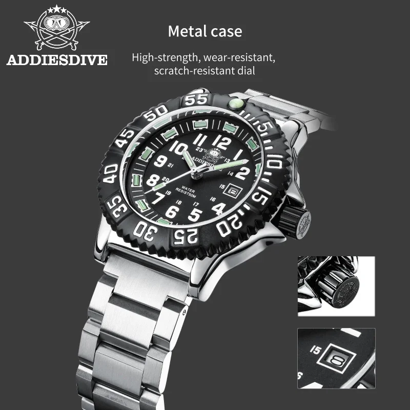 Imagem -05 - Addies Dive-relógio Desportivo Impermeável para Homens Pulseira de 316l Mostrador Preto Mão Luminosa Caixa de Liga 50m 51 mm Novo Aço Inoxidável