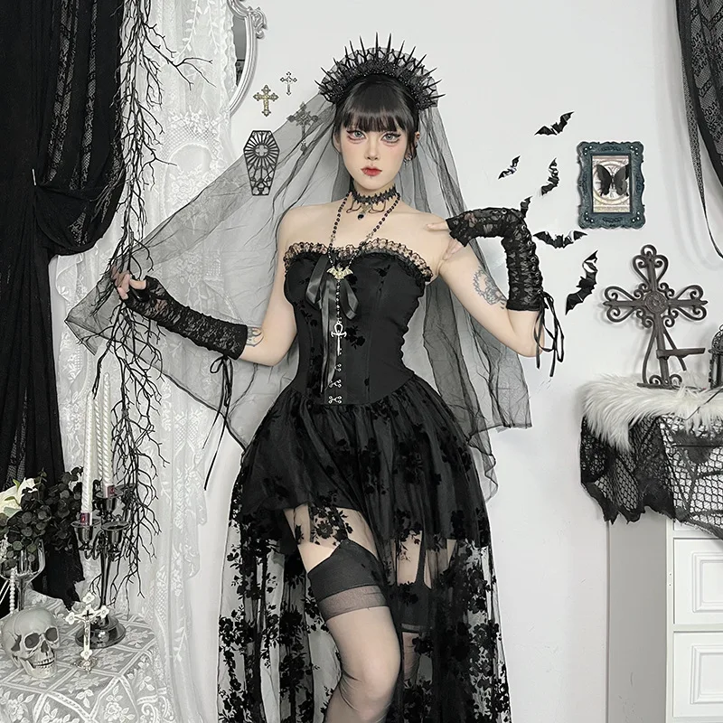 Adulte femmes Halloween jour des morts Costume Cosplay sorcière Sexy Style gothique sans bretelles Corset Mini robe tenue de fête à thème