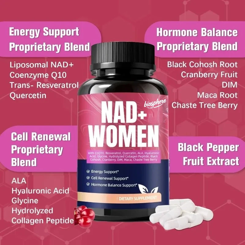 

Women's NAD supplement containing resveratrol in a 14 in 1 formula, used to restore vitality and youthful radiance 60 capsules