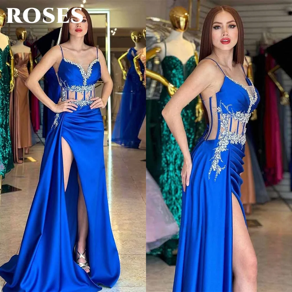 

ROSES Royal Blue Prom Dresses Spaghetti Strap High Split Train Party Dress with Beaded Embroidery and Cutout Waist Customized