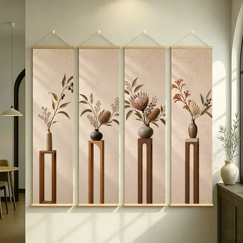 Botanical Wall Art 4-Panel Protea Leaf Vase Hanging Scroll Set in Earth Tones on Silver Shimmer Canvas for Modern Home Decor