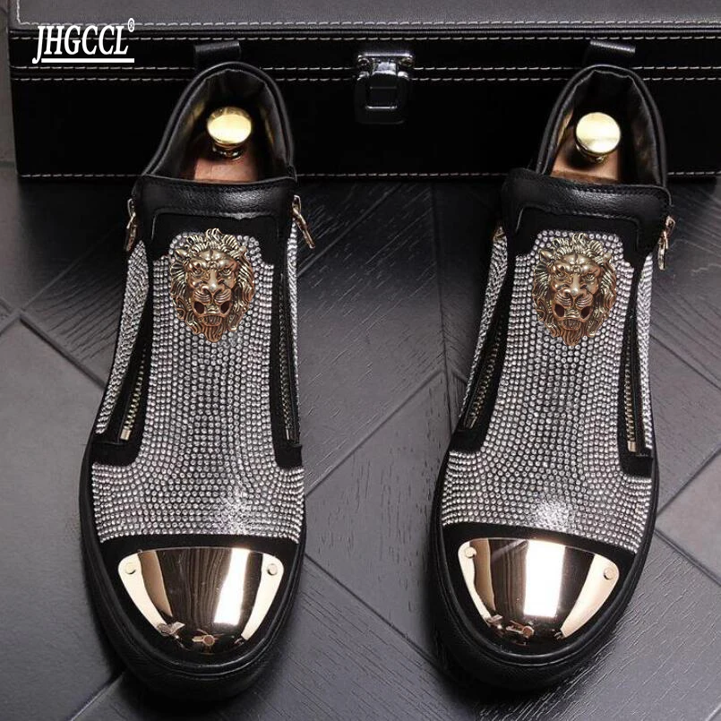 Black Shining Luxury Rhinestone High Tops Zip Men Sneakers Punk Casual Shoes Male Ankle Boots Zapatillas Hombre A4