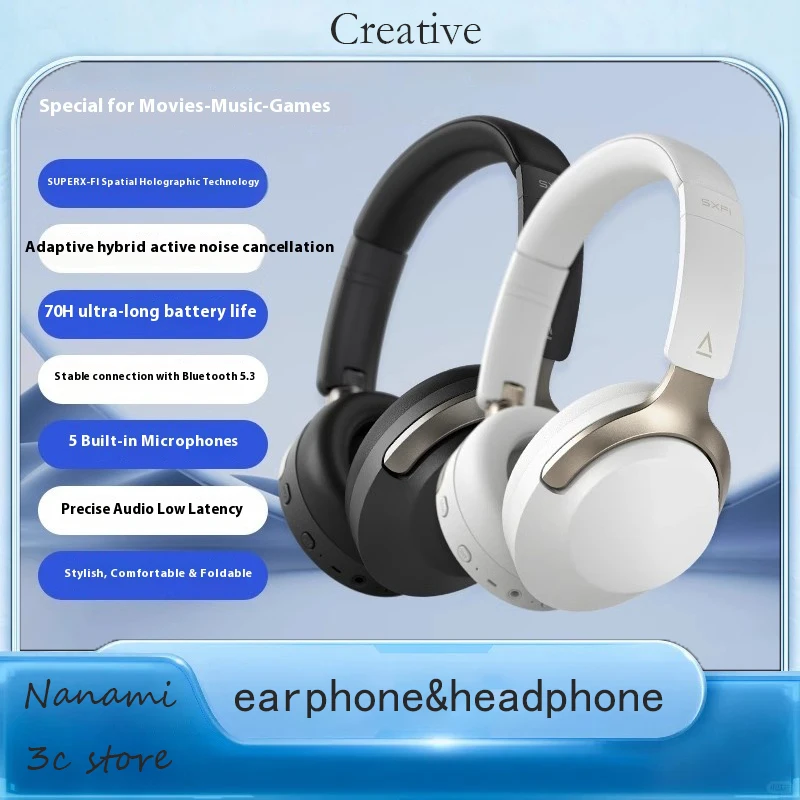 창의적인 젠 하이브리드 SXFI 오버이어 헤드폰, 적응형 하이브리드 ANC, 통화용 내장 마이크, 무선 스트리밍, 70시간 재생