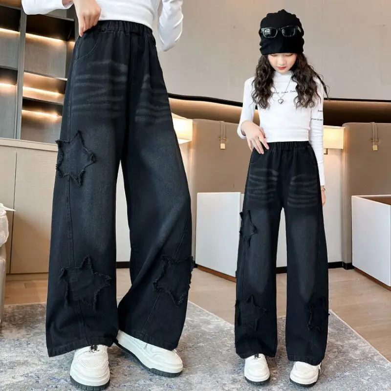 Teenage Girls Jeans Spring Fall New Paste Cloth Five-pointed Star Wide Leg Pants Kids Trendy Children's Trousers 10 12 14 Years