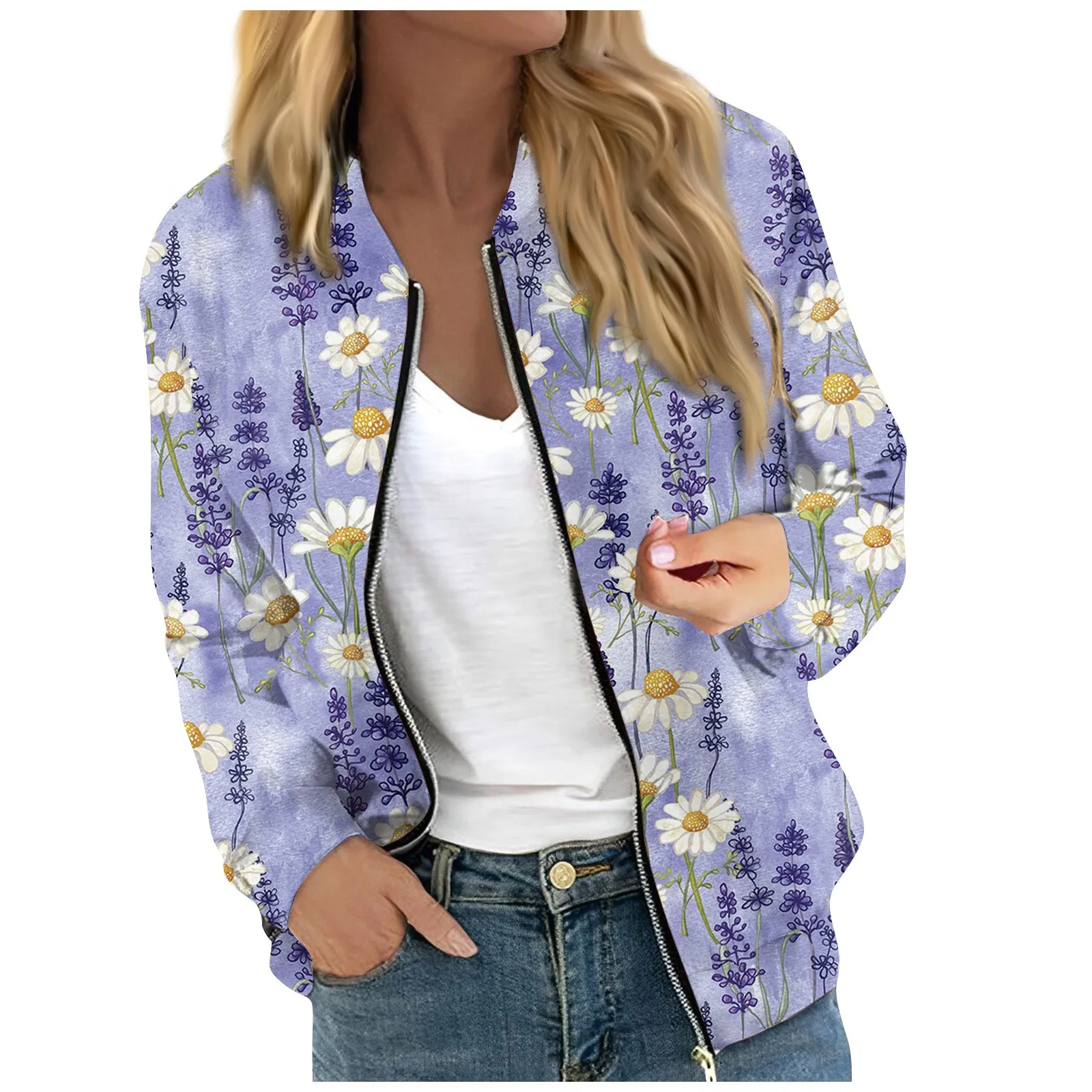 سترة سحاب بأكمام طويلة غير رسمية للنساء ، رقبة مستديرة ، مطبوع عليه زهور ، ورقة ، يومية ، متعددة الاستخدامات ، موضة ، خريف ، شتاء ، جديد ، 2023