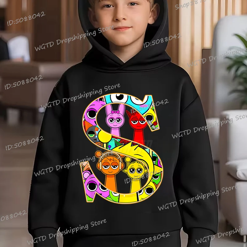 

2025 Spring Kids Sprunki Alphabet Hoodies 3-14 Year Old Long Sleeve Boys Girls Hoody Anime Incredibox Game Letter Y2K Sportswear
