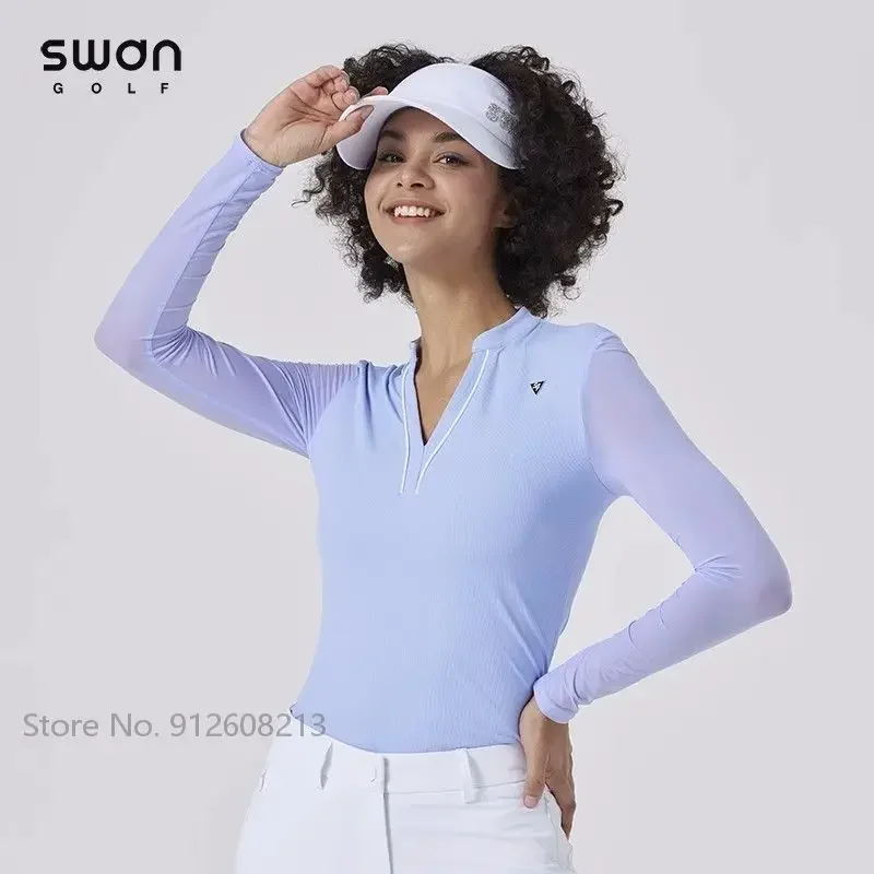 SG Summer Women UV-proof Ice Silk Tops Sunscreen Golf T-shirts Long Sleeve Cooling Golf Shirt Ladies V-neck Sports Jersey S-XL