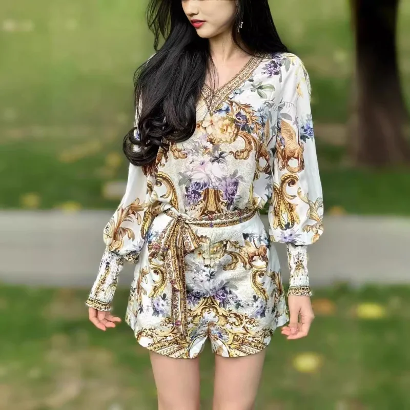 

New Print Long Sleeve Dress New Chinese Style Retro National StyleVCollar Long Sleeve2024Summer Holiday Tea Break French