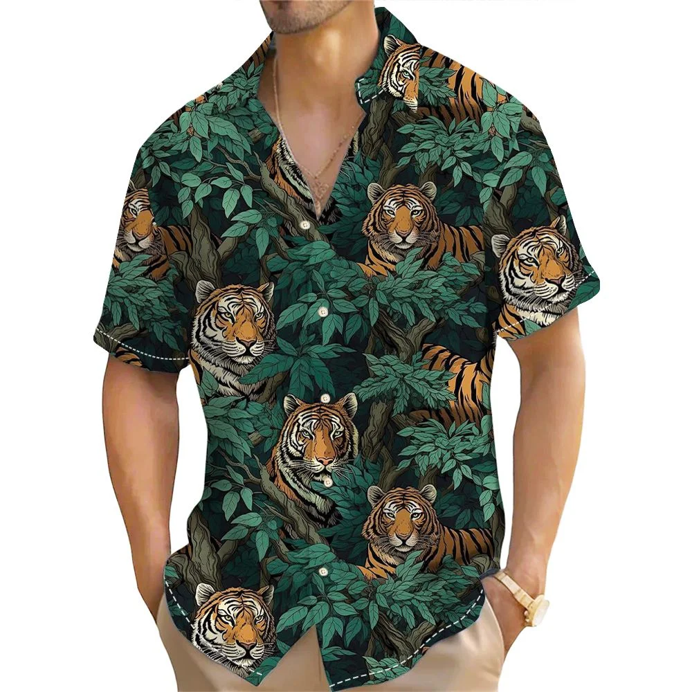 

Animal Stripe Print Hawaiian Shirts For Men Tiger Flamingo Print Men's Shirts Summer Casual Man Clothing Oversized Short Sleeve