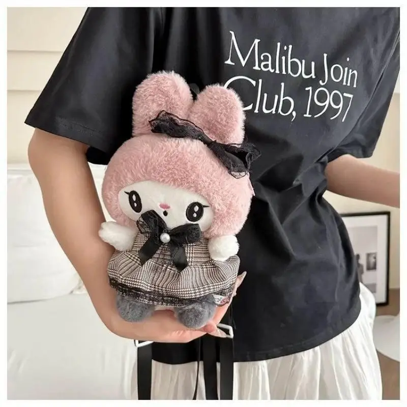 Mochila femenina Sanrio de franela Lolita, bolso de muñeca de estudiante bonito de dibujos animados Kawaii Kuromi, mochila de suministros escolares de moda, nuevo estilo