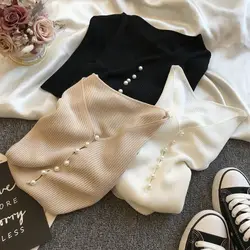 Women's Knitted Sweater Pullover Sueter Tops Pearl Button V Short Sleeve Ice Silk  Half Sweaters Black White Jersey